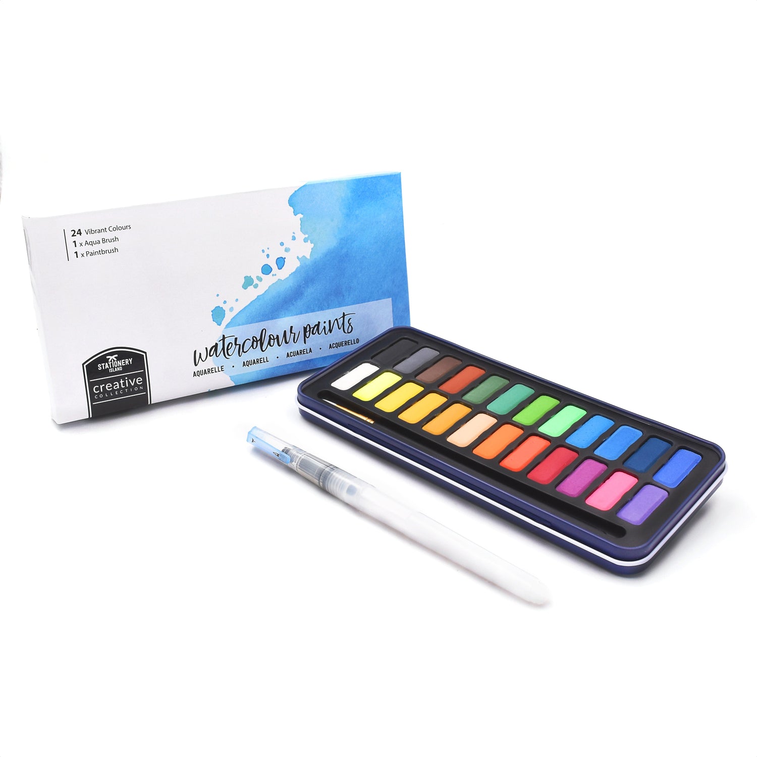 A creative collection watercolour paint set that has 24 colours with an aqua brush and a paint brush - Stationery Island