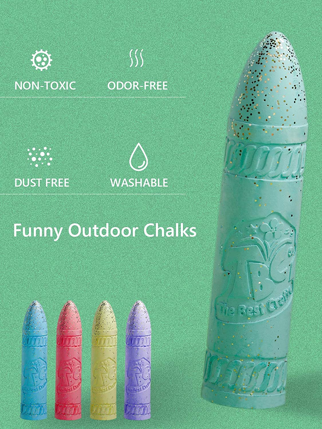The TBC washable sidewalk glitter chalks are non-toxic, odour-free, dust free and washable - Stationery Island