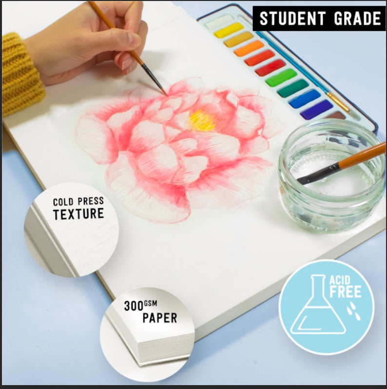 A picture of a flower being painted on the A4 student grade watercolour paper pad with 300gsm paper and 20 pages, which is acid free and has a cold pressed texture - Stationery Island