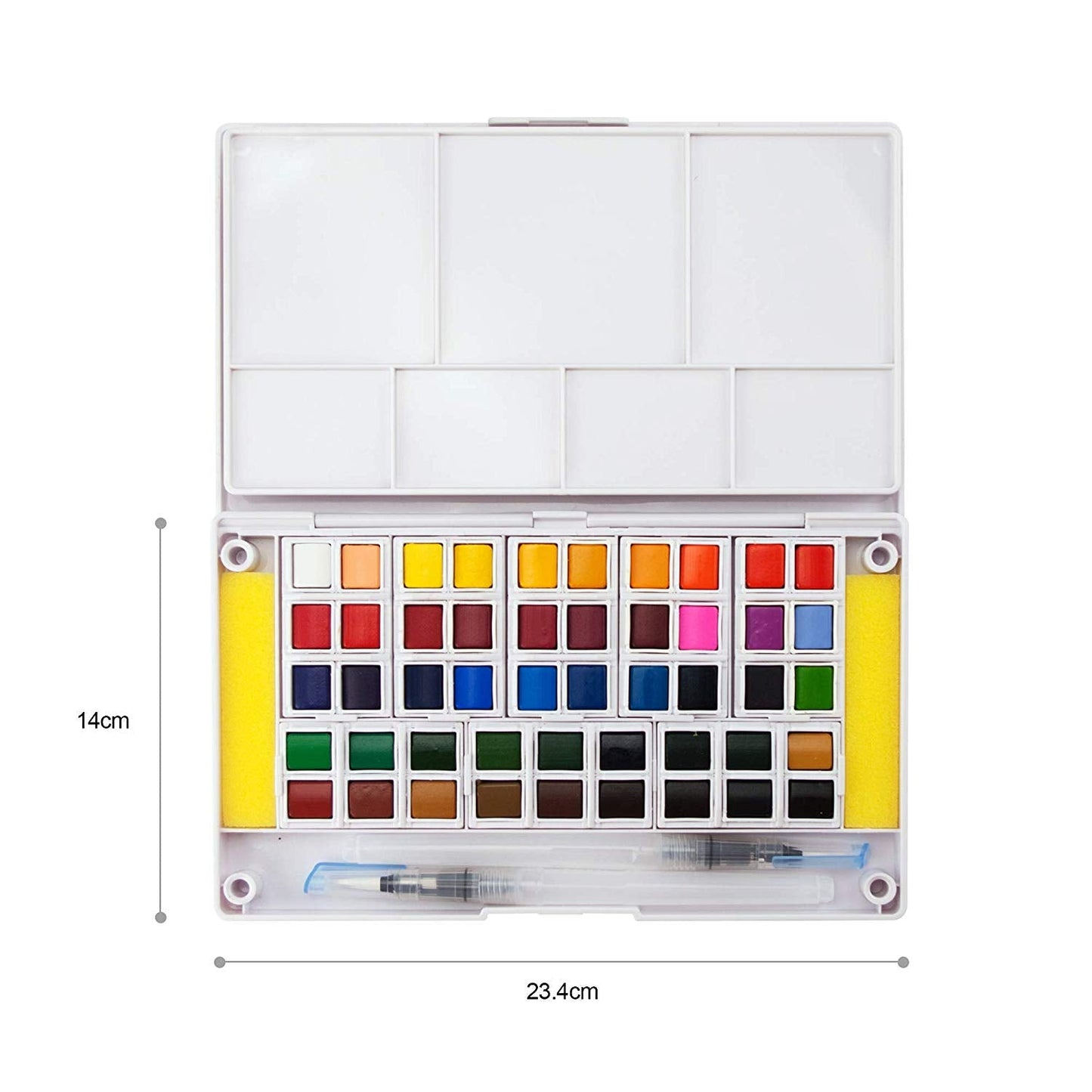 Measurements of the Ezigoo watercolour paint set that has 48 colours and an aqua brush - Stationery Island