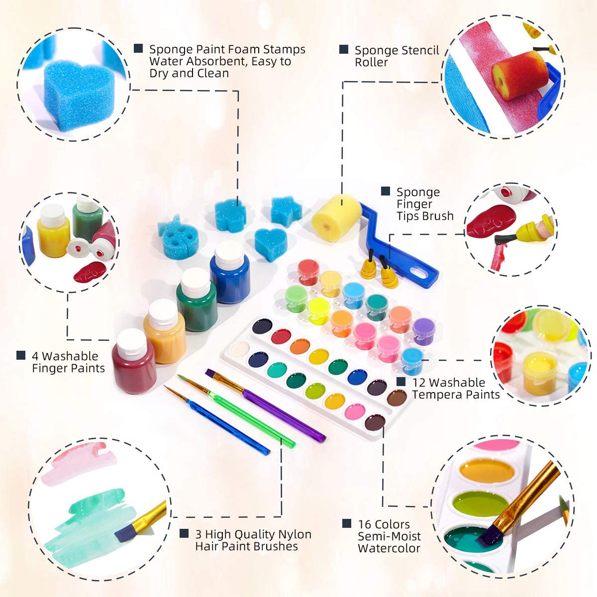 The TBC Tempera washable kids paint includes sponge paint foam stamps, a sponge stencil roller, a sponge finger tips brush, 12 washable paints, 16 watercolour paint, 3 nylon hair paint brushes and 4 finger paints - Stationery Island