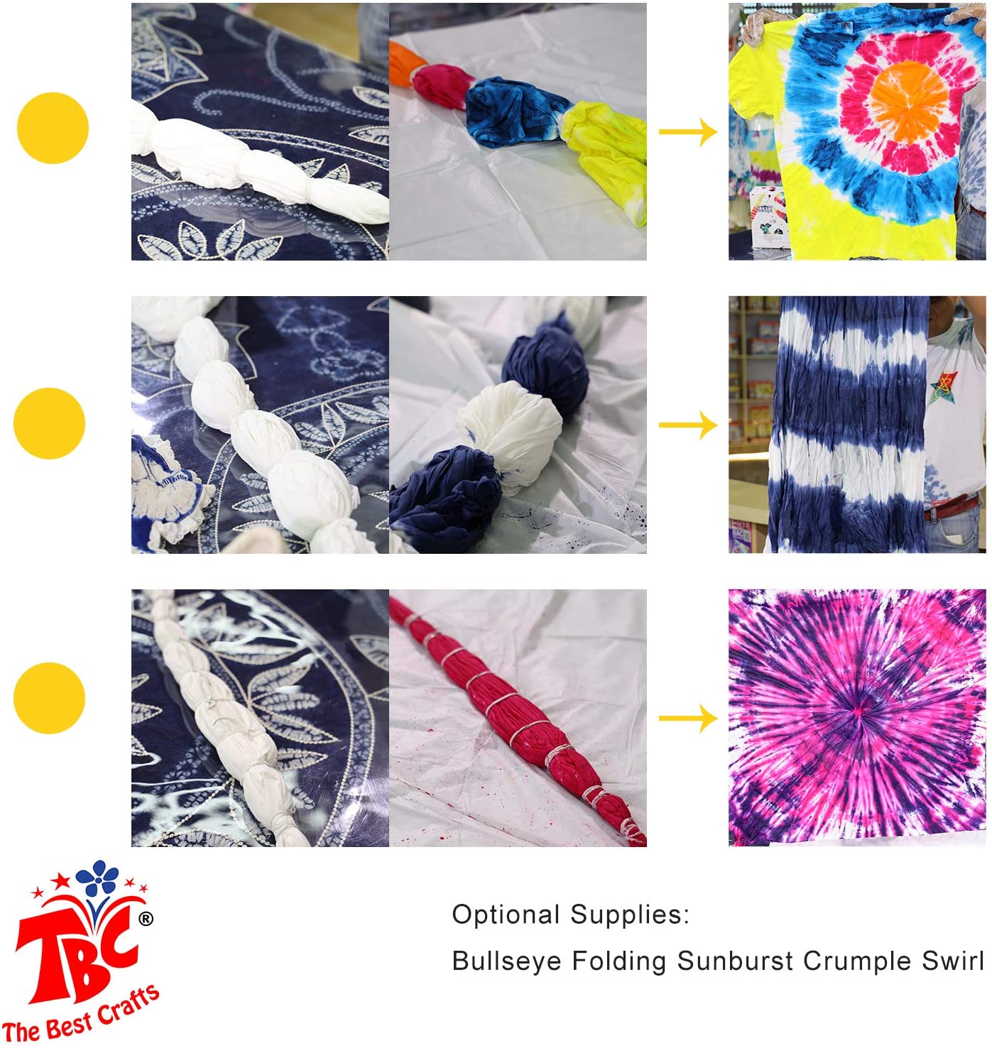 A bullseye crumple swirl created on t-shirts by using the dye from the TBC tie dye art party kit - Stationery Island 