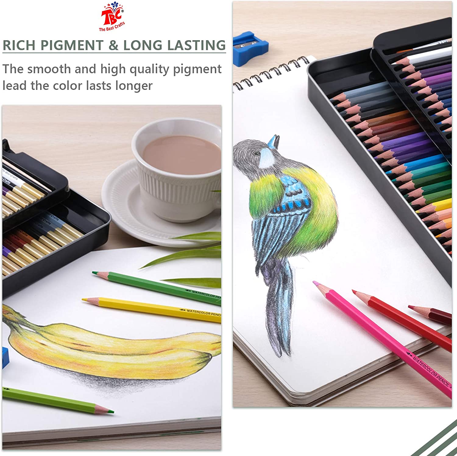 Pencils from the set of 72 TBC professional watercolour pencils used to draw a picture of a banana and a bird to show that the colours have a high quality pigment making the colour last longer - Stationery Island